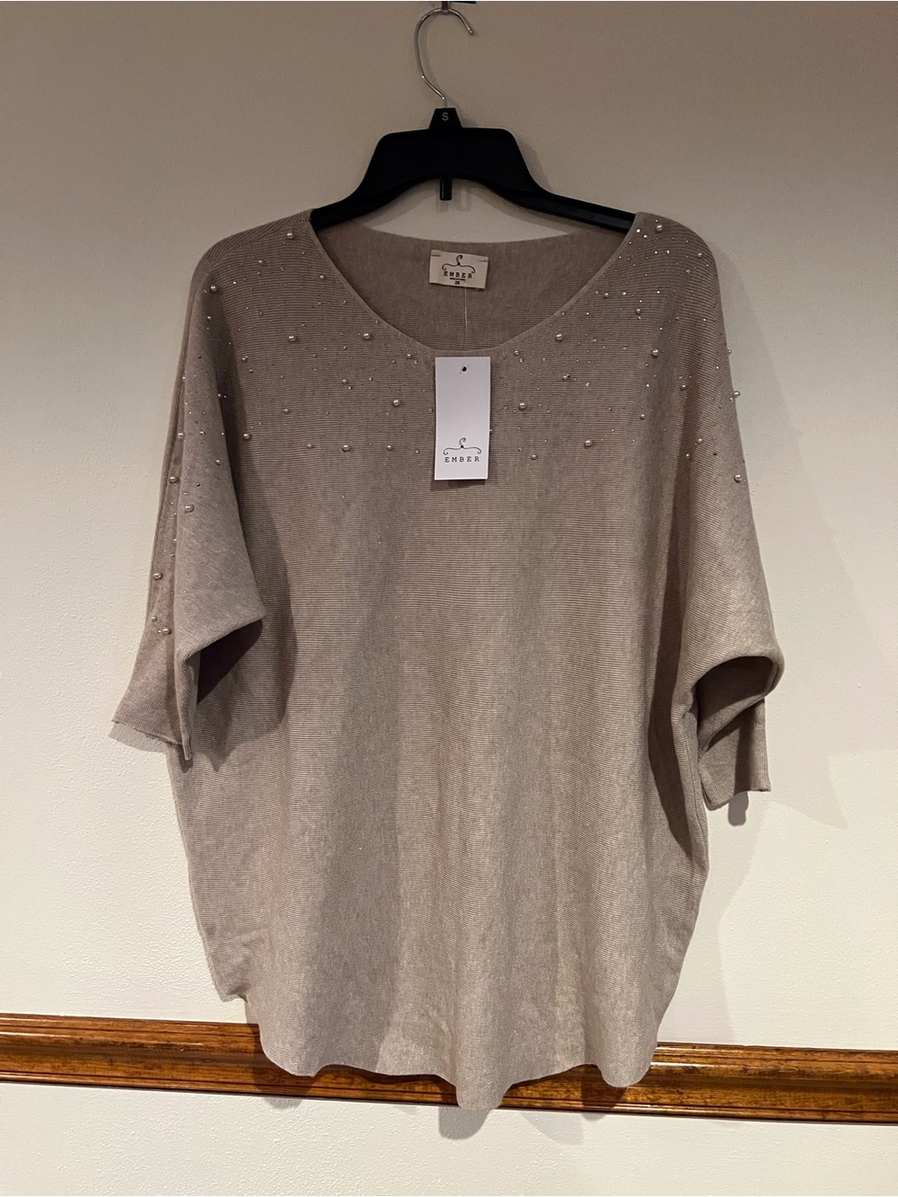 Ember Pearl-Embellished Taupe Tunic Top